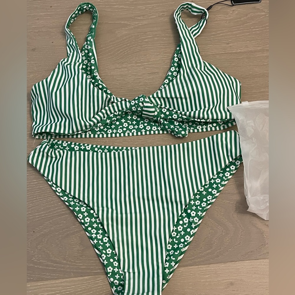 Zaful sea green floral stripe reversible bikini swim suit-M